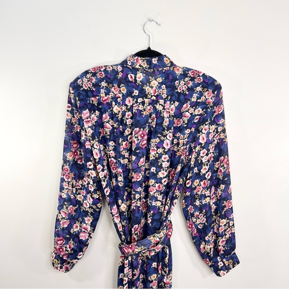 Vintage 80s blue floral chiffon sheer blouson belted long sleeve midi dress - Picture 5 of 17